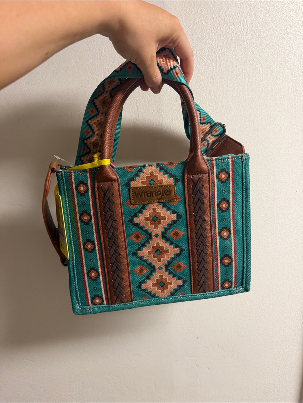 Wrangler Teal Southwestern Pattern Tote with Brown Accents